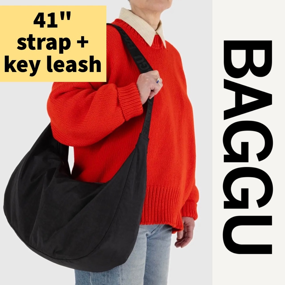 Baggu Large Crescent Bag Purse Tote Laptop BLACK Key Leash 41” strap Crossbody